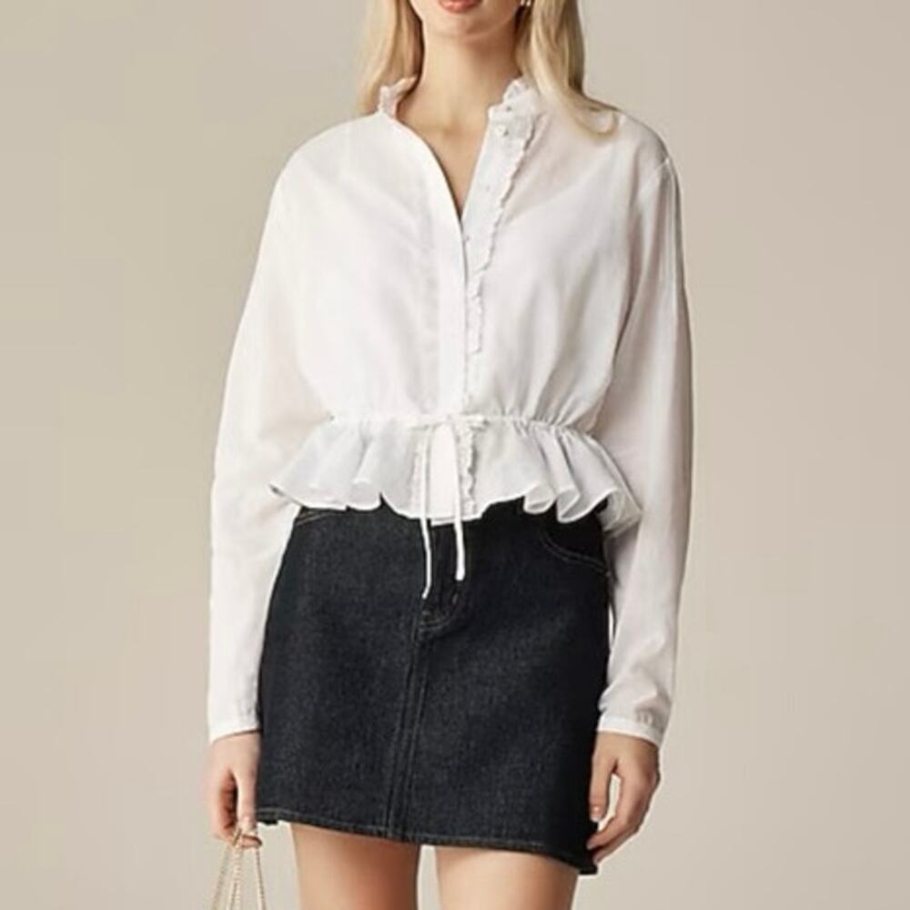 J.Crew Lace Trim Cinched Waist White Cotton Voile Top Size M NWT